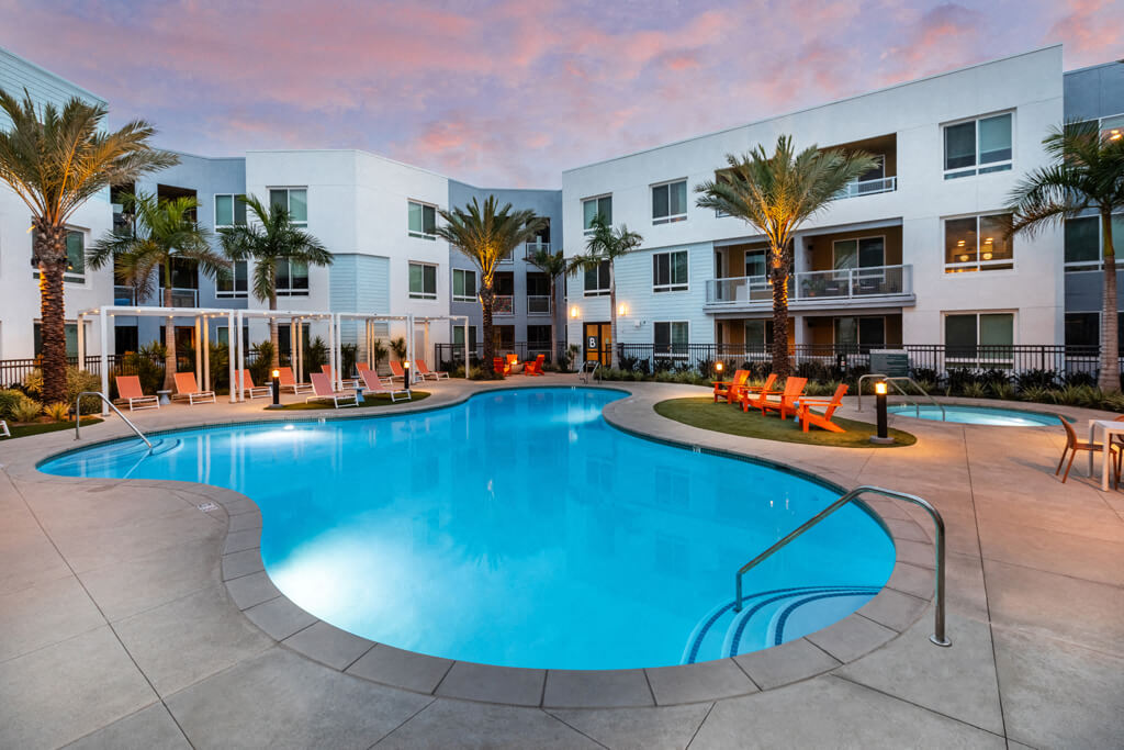 Pool at dusk at Bevel Apartments in San Diego CA